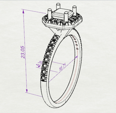 Dibujo sketch de Anillo de Compromiso Cushion Halo