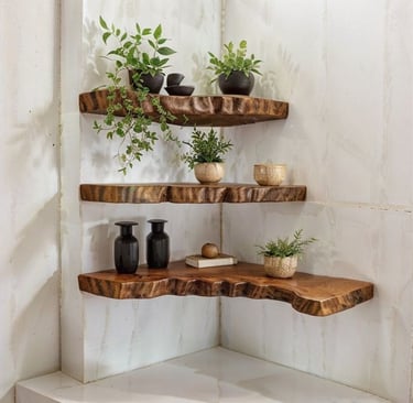 a live edge wooden wall shelves with plants garnish on it