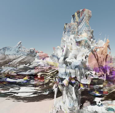 Abstract digital landscape art featuring colorful glitched mountain peaks and distorted textures.