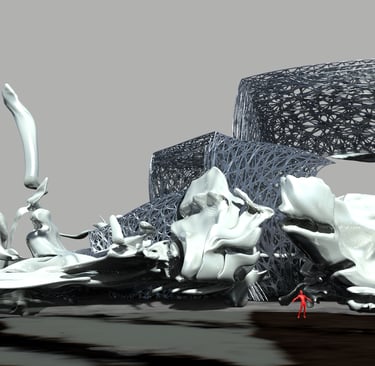 Surreal 3D digital art featuring abstract silver structures and a small red human figure.