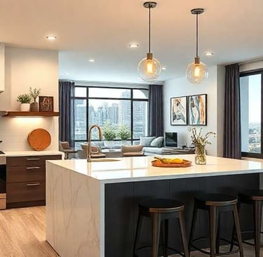 a kitchen with a large window and a refrigerator
