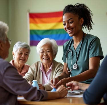 A personal support worker interacting with a group of diverse seniors with a rainbow flag.