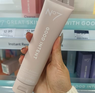 White text on taupe packaging of Boots No7 Good Intent Cloud Bounce Foam Cleanser