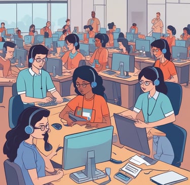 A diverse group of virtual assistants collaborating over laptops in a bright office space.