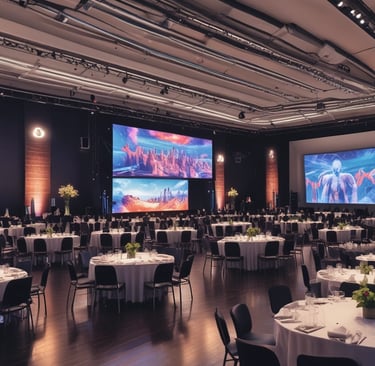 Technological video screens displaying vibrant visuals at a business conference.
