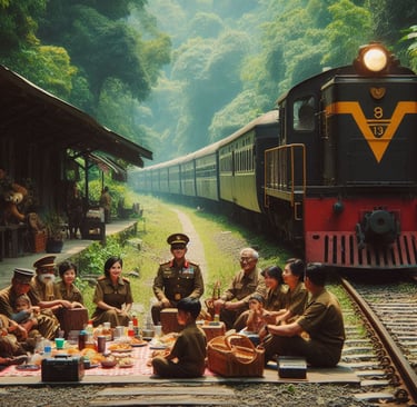 Army at a Picnic on a Railway Station by the side of a train.