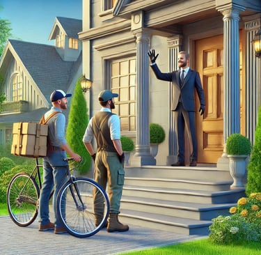 a man in a suit and two men with a bicycle in front of a house