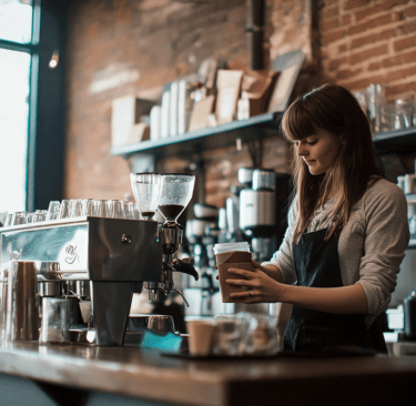 Barista preparando café em cafeteria, mostrando como fazer café bom com máquina profissional