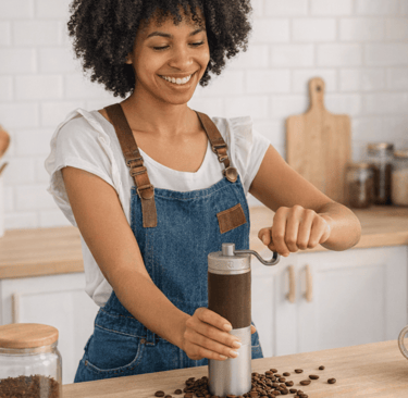 Mulher Moendo café na hora. A melhor experiência ao comprar café em grãos de café em Curitiba.