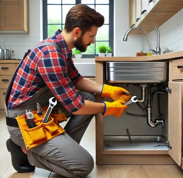 A property maintenance specialist in London conducting electrical and plumbing repairs in a rental h