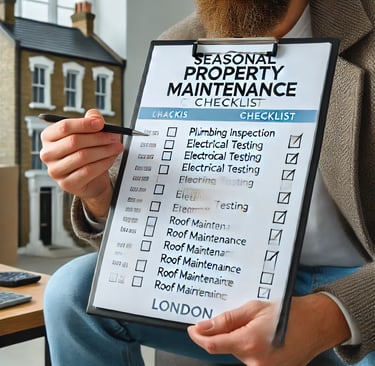 A landlord reviewing a seasonal property maintenance checklist to ensure timely repairs in London ho
