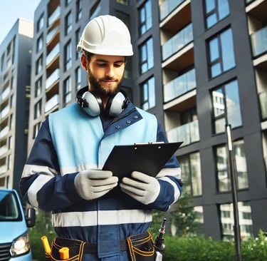 A professional property maintenance worker in London inspecting a rental property to ensure complian