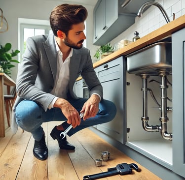 A landlord in London inspecting a rental property's plumbing system for leaks and necessary maintena