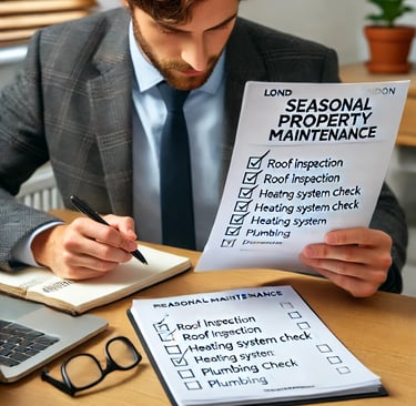 A London landlord checking off a seasonal property maintenance checklist, ensuring timely inspection