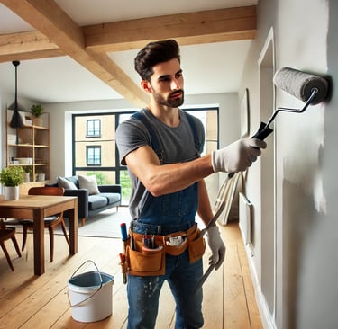 A handyman in North London painting a wall inside a residential home using a paint roller, with mode