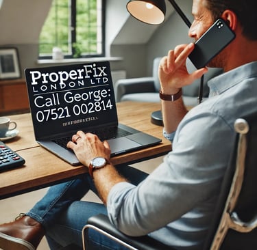 A man sitting at a desk in a well-lit home office, holding a phone while making a call. The laptop s