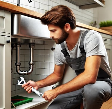 A handyman in South London repairing a kitchen sink with a wrench in a modern, well-maintained apart