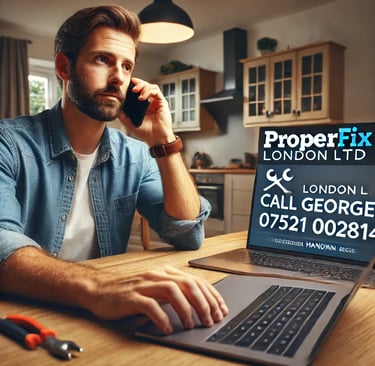 A London homeowner calling a handyman service to schedule a repair, looking at a laptop displaying t