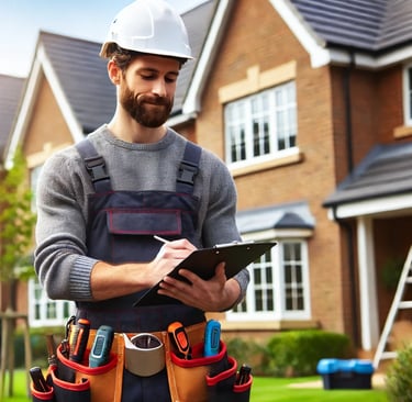 A professional property maintenance worker in London inspecting a residential home with a clipboard,