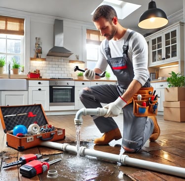 An emergency property repair worker in London fixing a burst pipe in a modern kitchen, using plumbin