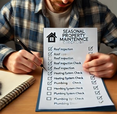 A London landlord reviewing a seasonal property maintenance checklist at a desk, marking essential t