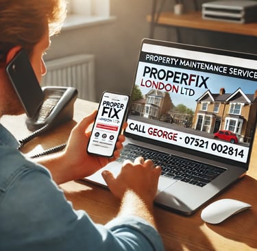 A London homeowner calling a property maintenance service, looking at a laptop displaying 'ProperFix