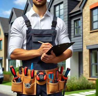 A professional property maintenance worker in London inspecting a residential building, showcasing e