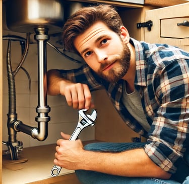 A handyman in London repairing a kitchen sink, using a wrench to fix a pipe in a well-lit kitchen.