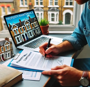 A London landlord reviewing a property maintenance contract, sitting at a desk with a laptop showing