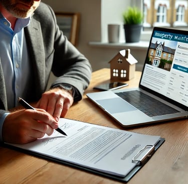 A London landlord reviewing a property maintenance contract, sitting at a desk with a laptop showing