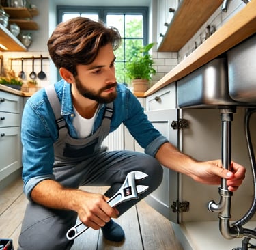 A handyman in London repairing a kitchen sink, using a wrench to fix a pipe in a well-lit kitchen.