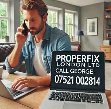 A London homeowner calling a property maintenance service to schedule a repair, looking at a laptop 
