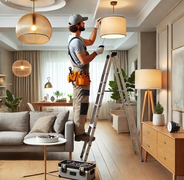 A handyman in London installing a light fixture in a modern living room, adding a touch of professio