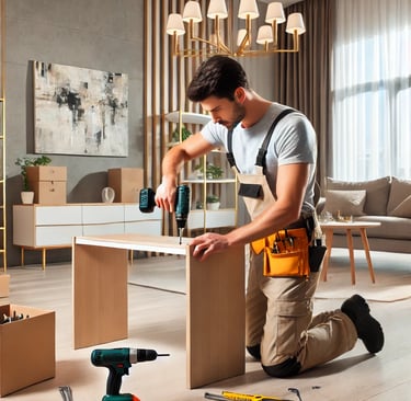 A professional handyman in London assembling a piece of furniture, demonstrating efficiency and skil