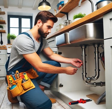 A professional handyman in London fixing plumbing under a sink in a modern kitchen.