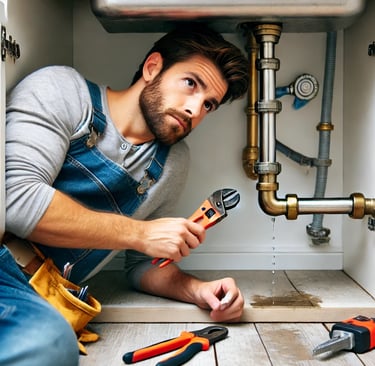 A professional handyman in London repairing a leaking pipe under a sink.