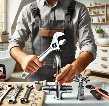 A professional handyman in London fixing a leaky faucet in a bathroom with modern plumbing tools.