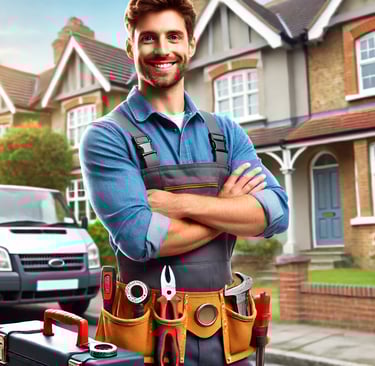 A professional handyman in London standing confidently next to a well-maintained property after comp