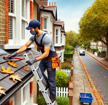 Property maintenance worker cleaning gutters on a residential building in London.