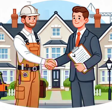 Property owner shaking hands with a maintenance contractor in London in front of a well-maintained r