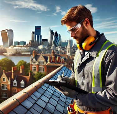 A professional property maintenance worker inspecting a rooftop in London, wearing safety gear and u