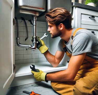 A handyman fixing a leaking pipe under a kitchen sink in a London home, using a wrench while water d