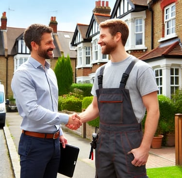 A property owner shaking hands with a maintenance contractor in front of a well-maintained London ho