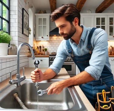 A professional handyman fixing a leaking kitchen sink in a London home, using a wrench while water d