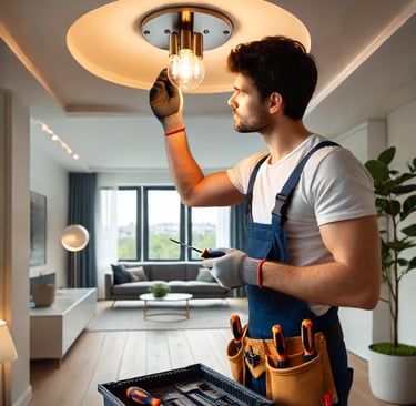A handyman in London installing a new light fixture in a modern living room, using a screwdriver whi