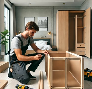 A professional handyman assembling flat-pack furniture in a London apartment, using a screwdriver to