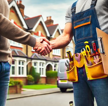 A handyman in London shaking hands with a satisfied customer in front of a well-maintained home, hol