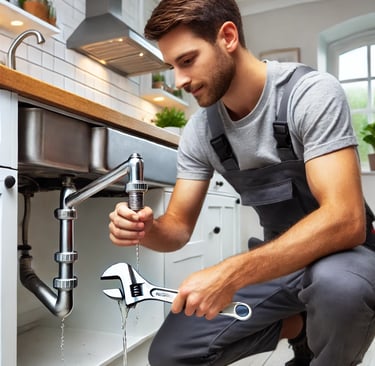 A handyman fixing a leaking kitchen sink pipe in a London home.