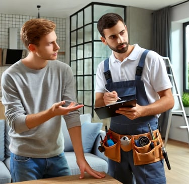 A landlord discussing property repairs with a handyman in a London apartment.
