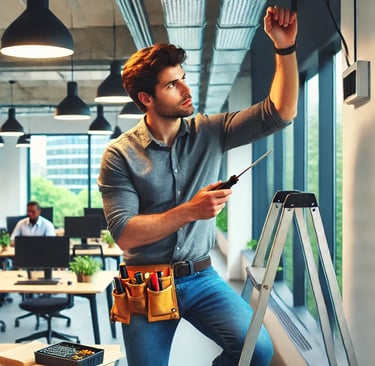 A handyman repairing an office light fixture in a modern London workspace.